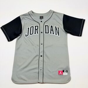 🟡 Jordan Brand Youth Large Grey Black Snap Front Baseball Jersey